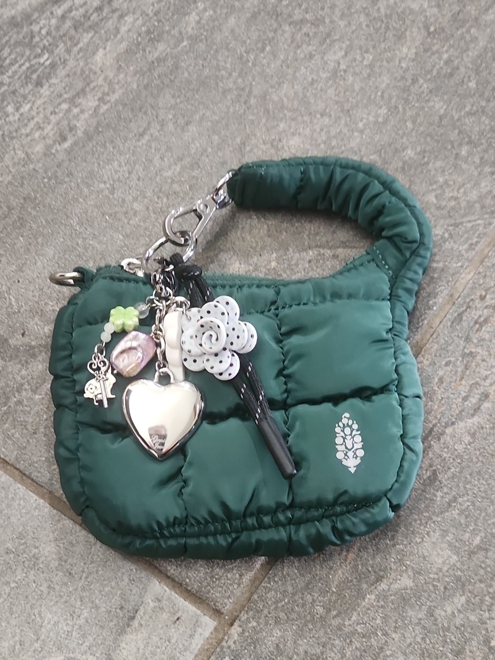 Free People Quilted Dark Green Puffer Key & Card Holder with Charms